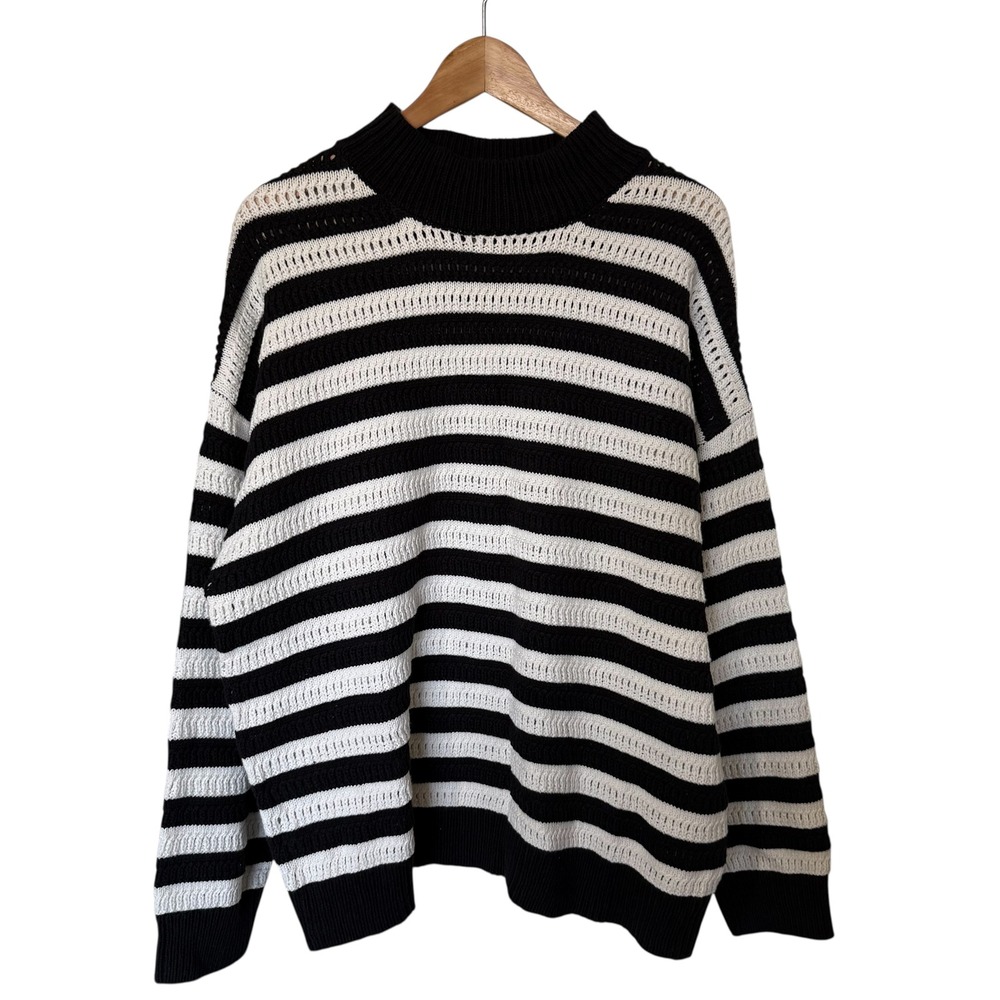 Territory Ahead Black White Stripe Mock Neck Mesh Knit‎ Sweater Plus Size XXL